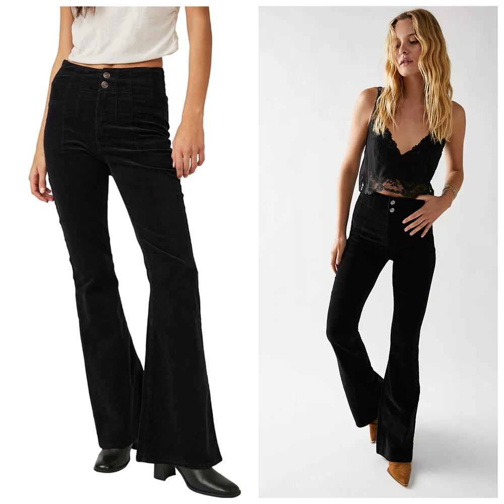 Free People Jayde Corduroy Flare Pants Size 26 Black Stretch Hi Rise 70s Boho